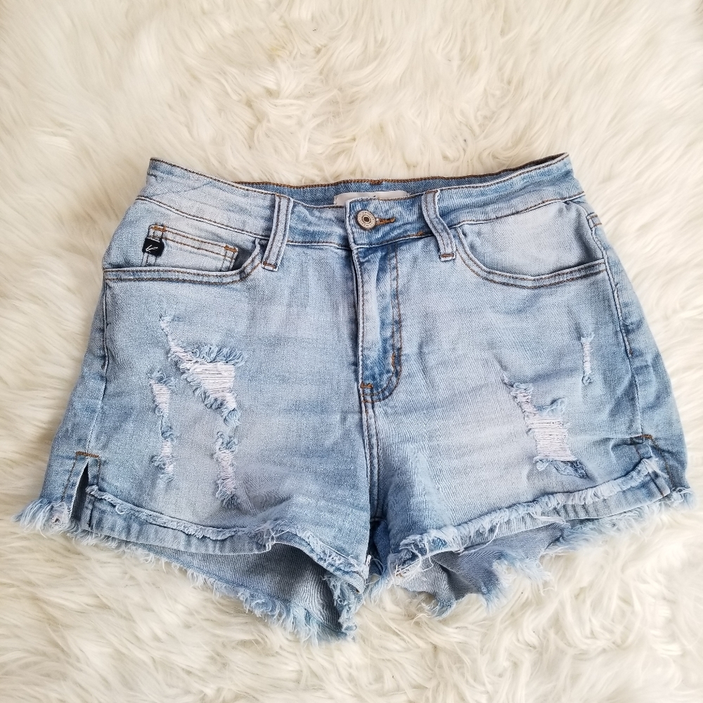 KanCan Raw Hem Distressed Light Wash Jean Shorts 7/27